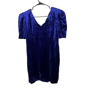 Marnie‎ West Dress Royal Blue Velvet V Neck Puff Sleeve Vintage Elegant S/M